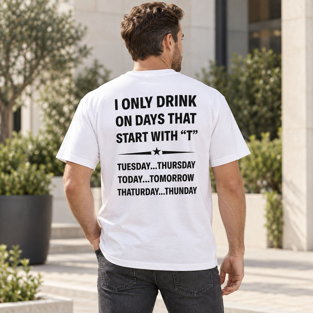I Only Drink on Days That Start With T white graphic tee with black back print on a male model in a courtyard