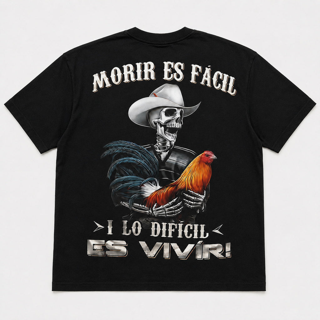 Morir Es Facil Spanish western skeleton rooster graphic tee black back print flat lay