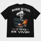 Morir Es Facil Spanish western skeleton rooster graphic tee black back print flat lay