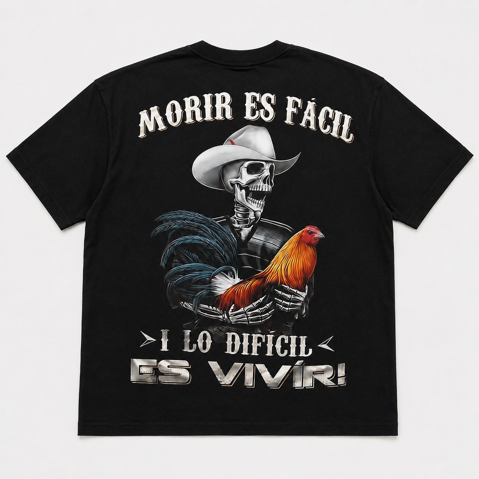 Morir Es Facil Spanish western skeleton rooster graphic tee black back print flat lay