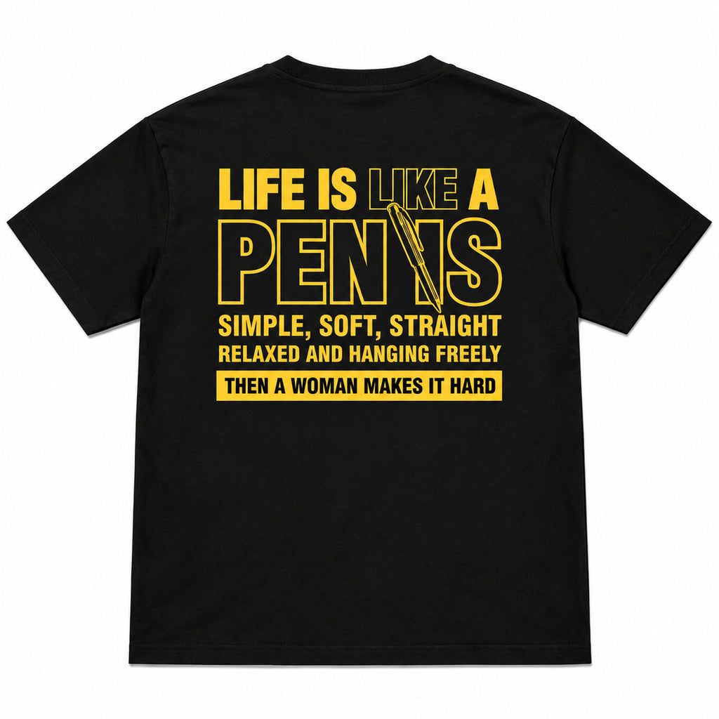 Life Is Like A Pen black graphic T-shirt back flat lay with yellow lettering and pen illustration
