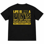 Life Is Like A Pen black graphic T-shirt back flat lay with yellow lettering and pen illustration