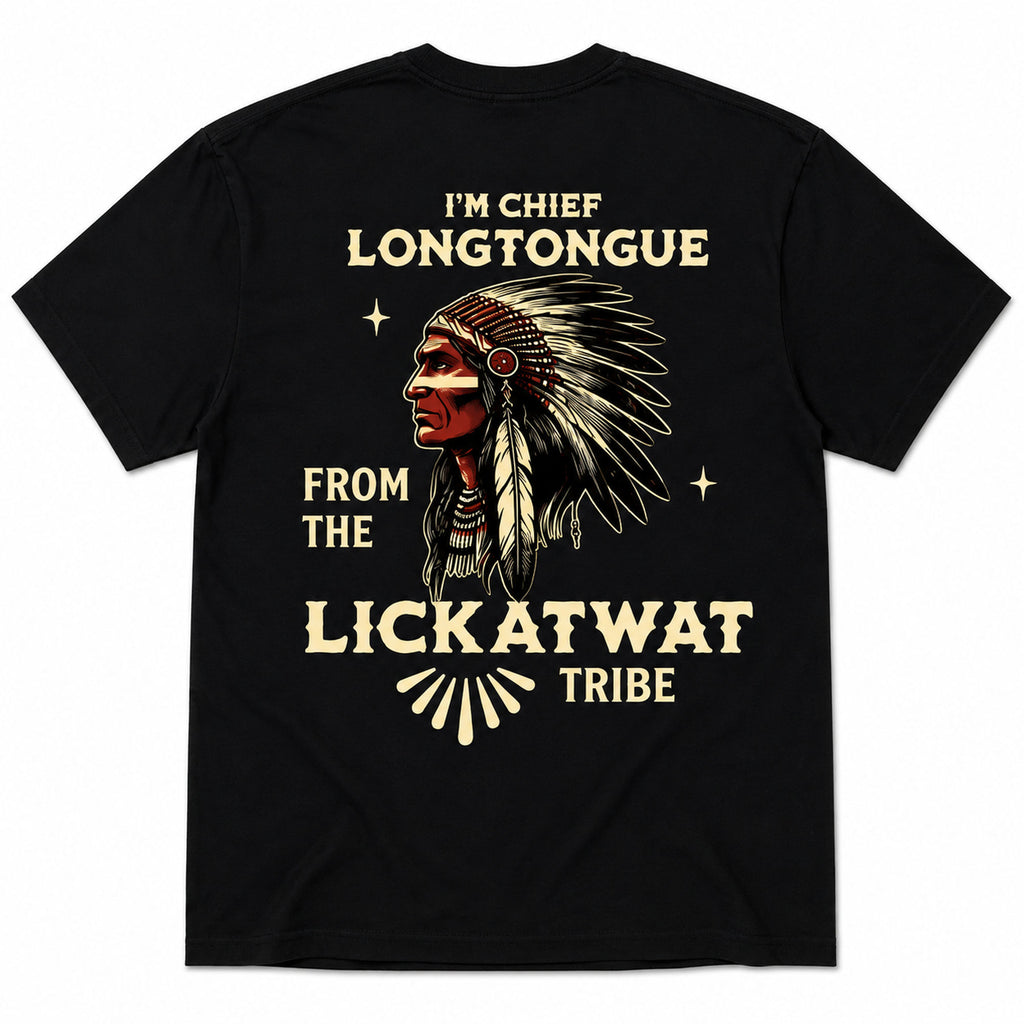 I'm Chief Longtongue adult humor back print black T-shirt back flat lay
