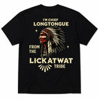 I'm Chief Longtongue adult humor back print black T-shirt back flat lay