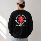 Emotional Support Husband Do Not Pet medical humor back print on black crewneck sweatshirt male model