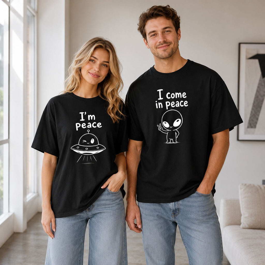 I Come In Peace matching couple alien graphic tee black front couple model