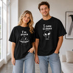 I Come In Peace matching couple alien graphic tee black front couple model
