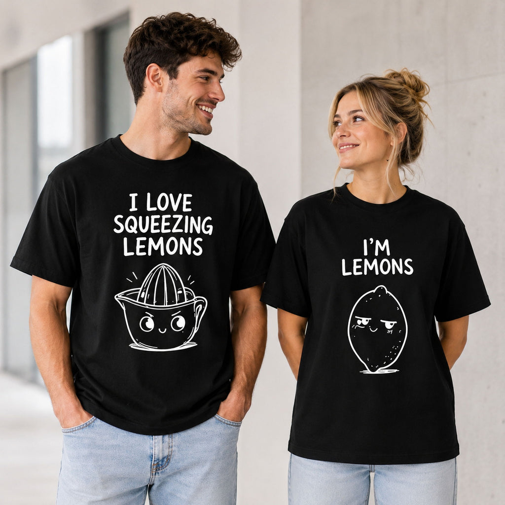 I Love Squeezing Lemons matching couple funny graphic tee black front couple model