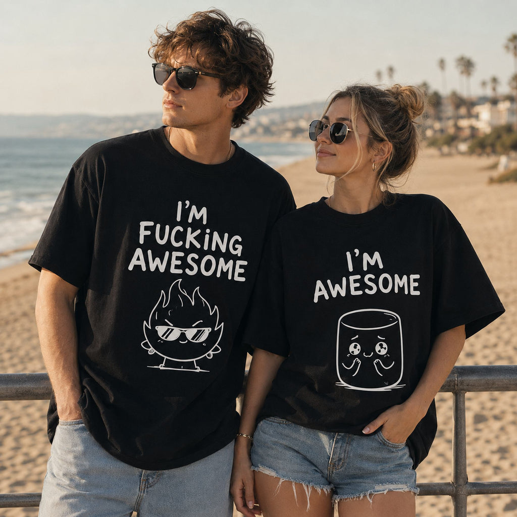 I'm Awesome matching couple adult humor graphic tee black front couple model