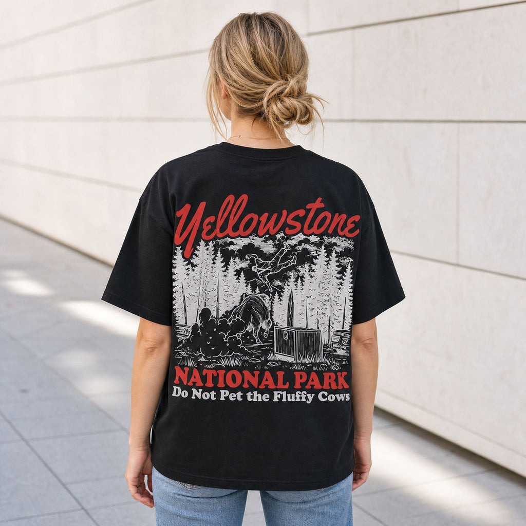 Yellowstone Fluffy Cows bison toss black graphic tee back print female model