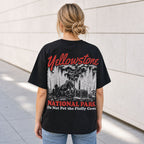 Yellowstone Fluffy Cows bison toss black graphic tee back print female model