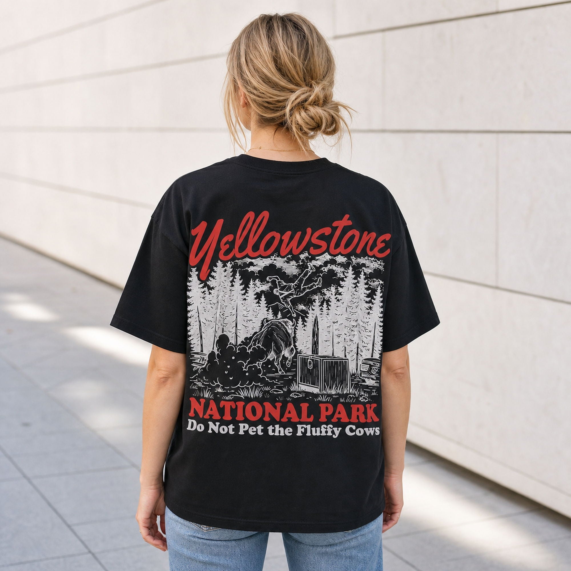 Yellowstone Fluffy Cows bison toss black graphic tee back print female model