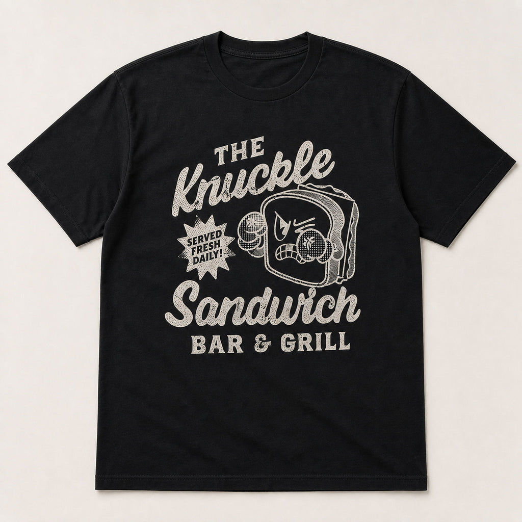 The Knuckle Sandwich Bar & Grill Funny Graphic Tee front print product photo 02 | Diya Glow