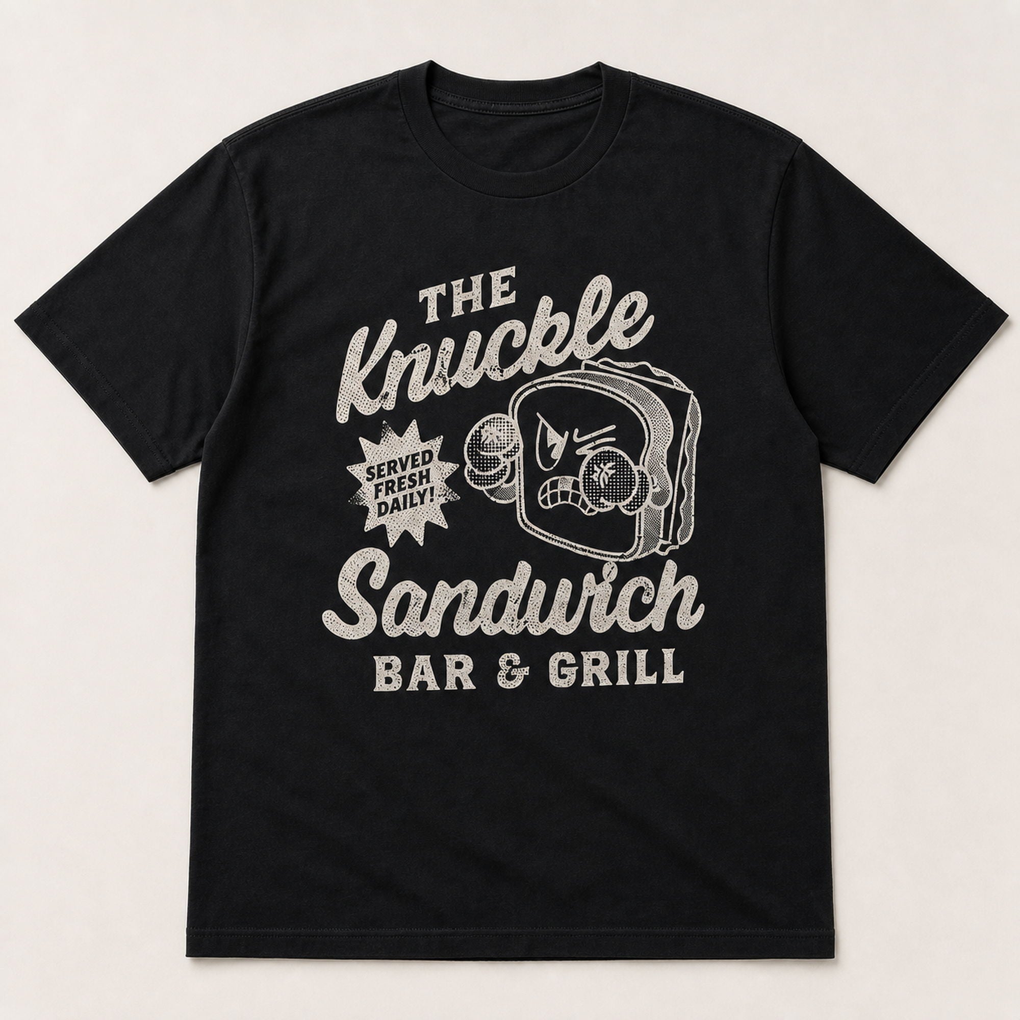 The Knuckle Sandwich Bar & Grill Funny Graphic Tee front print product photo 02 | Diya Glow
