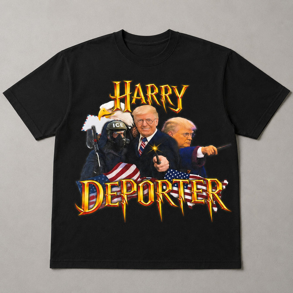 Harry Deporter political parody graphic tee black front print flat lay