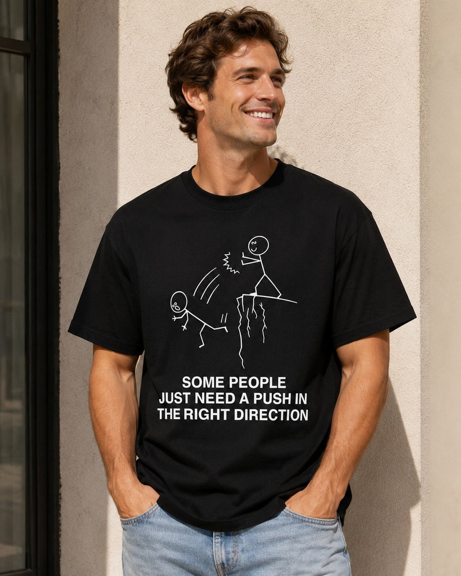 A playful direction-themed graphic tee with a bold stick-figure front print.