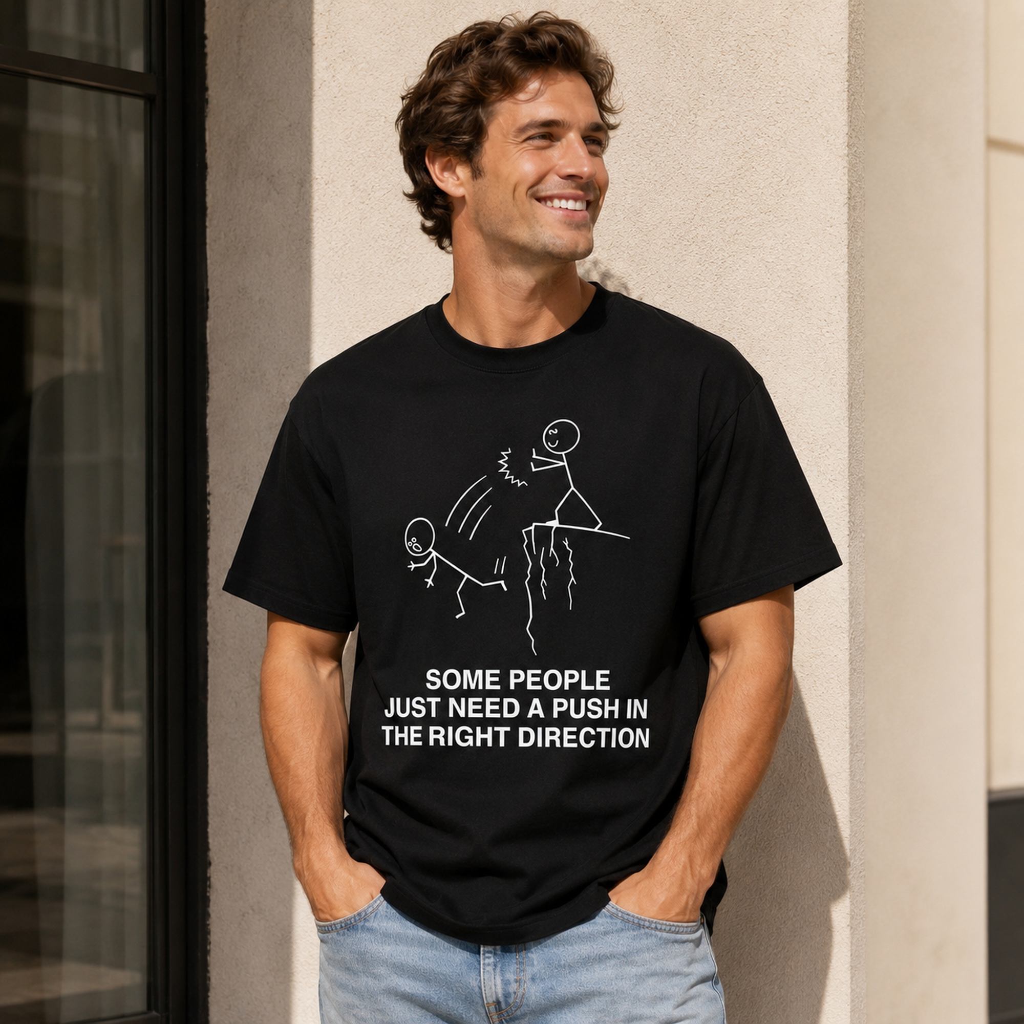 Some People Need A Push funny graphic tee black front print male model