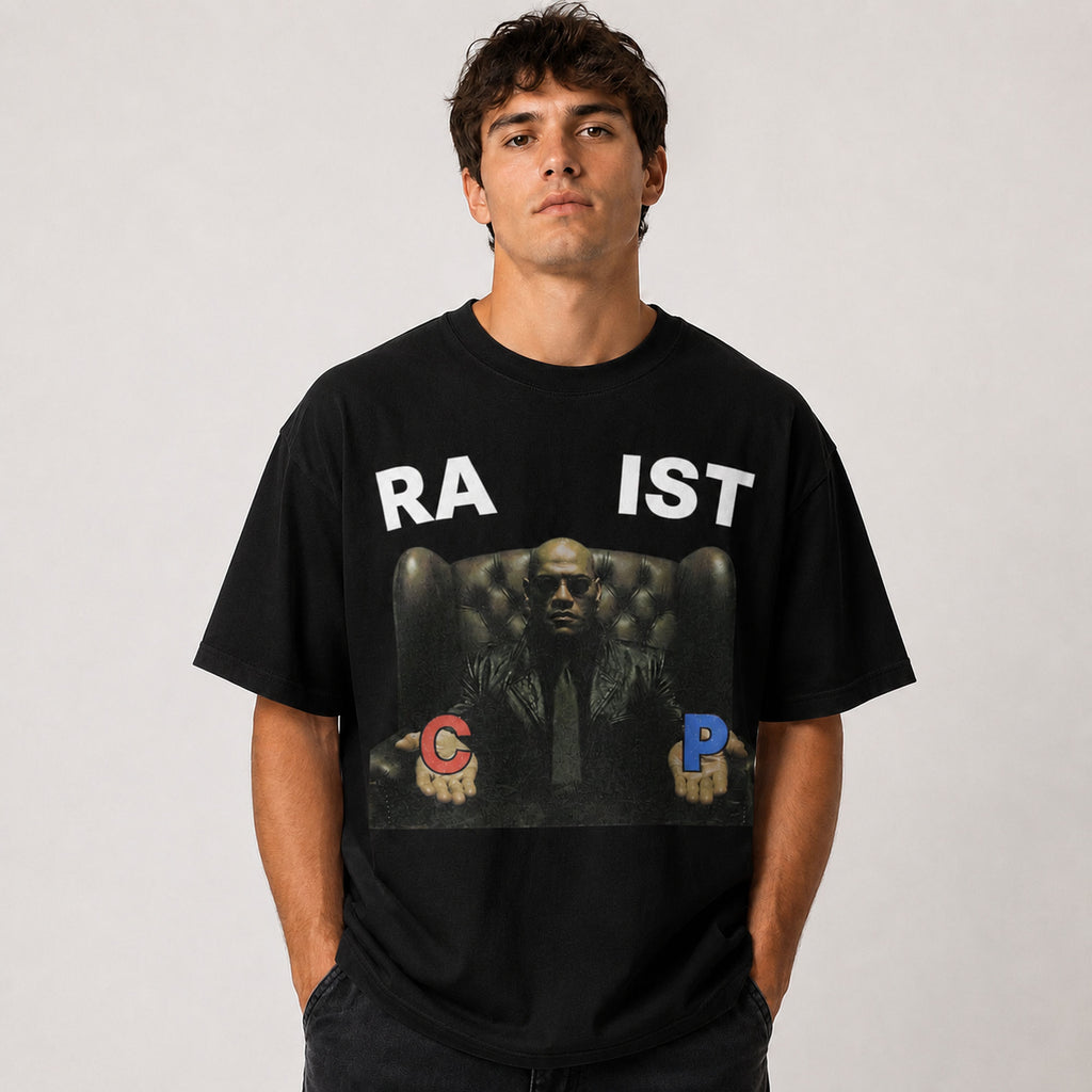 RA IST Red Blue Choice meme graphic tee black front model