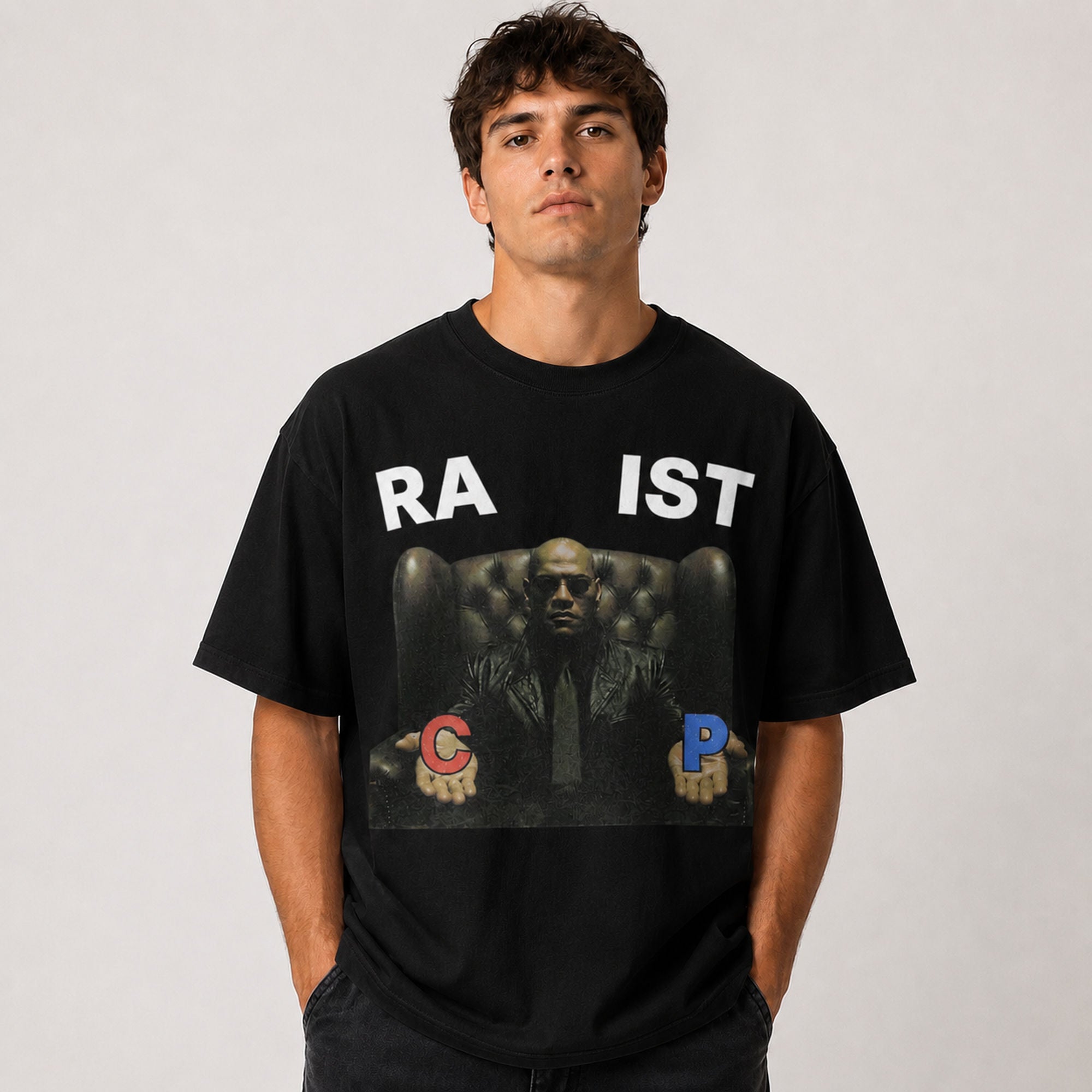 RA IST Red Blue Choice meme graphic tee black front model
