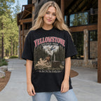 Yellowstone Do Not Pet The Fluffy Cows bison graphic tee black front female lodge model