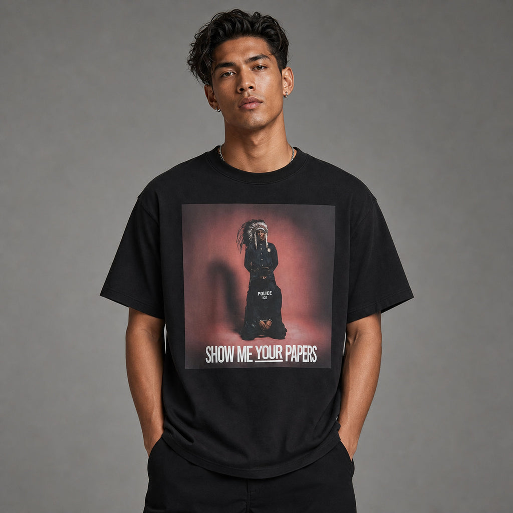 Show Me Your Papers statement graphic tee black front print model