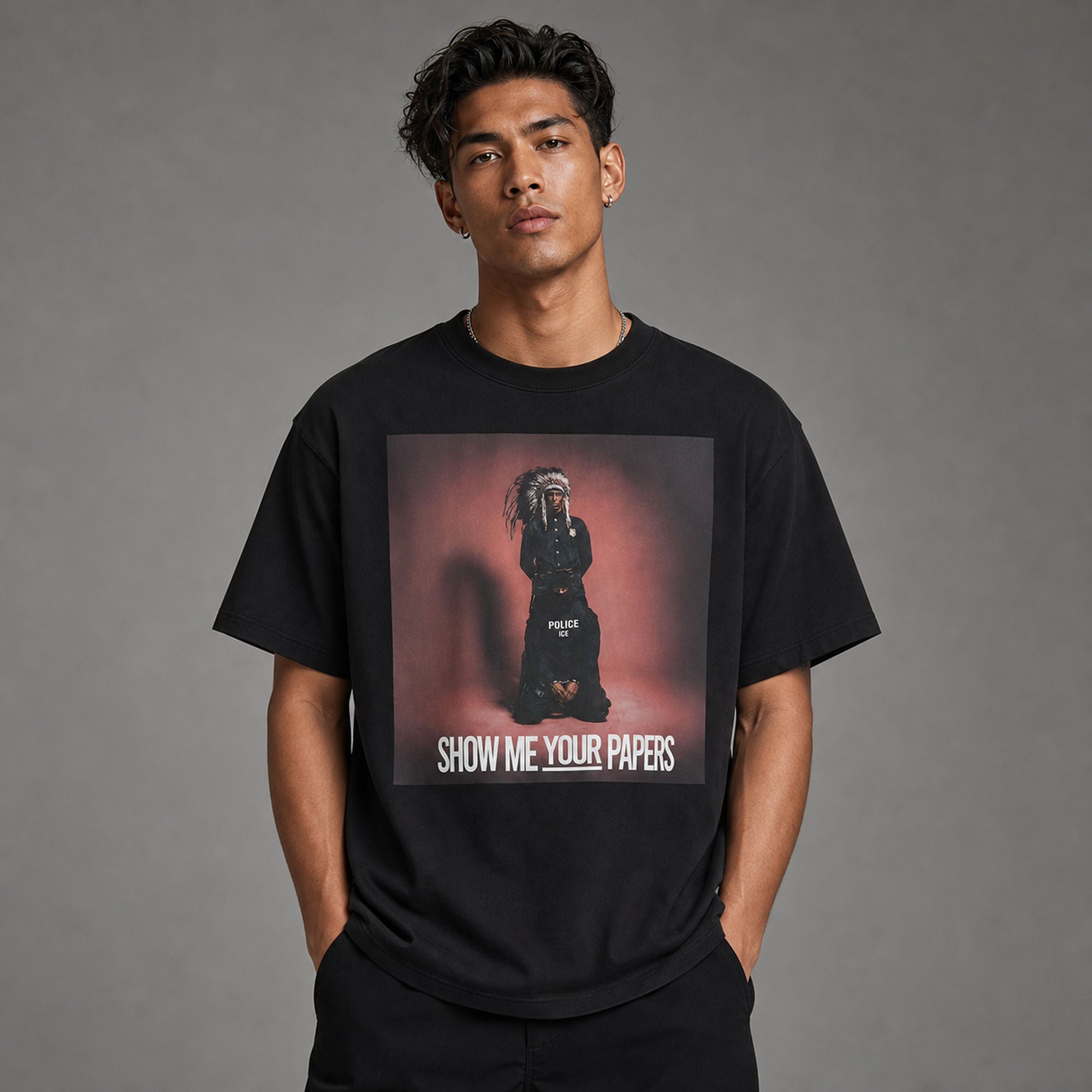 Show Me Your Papers statement graphic tee black front print model