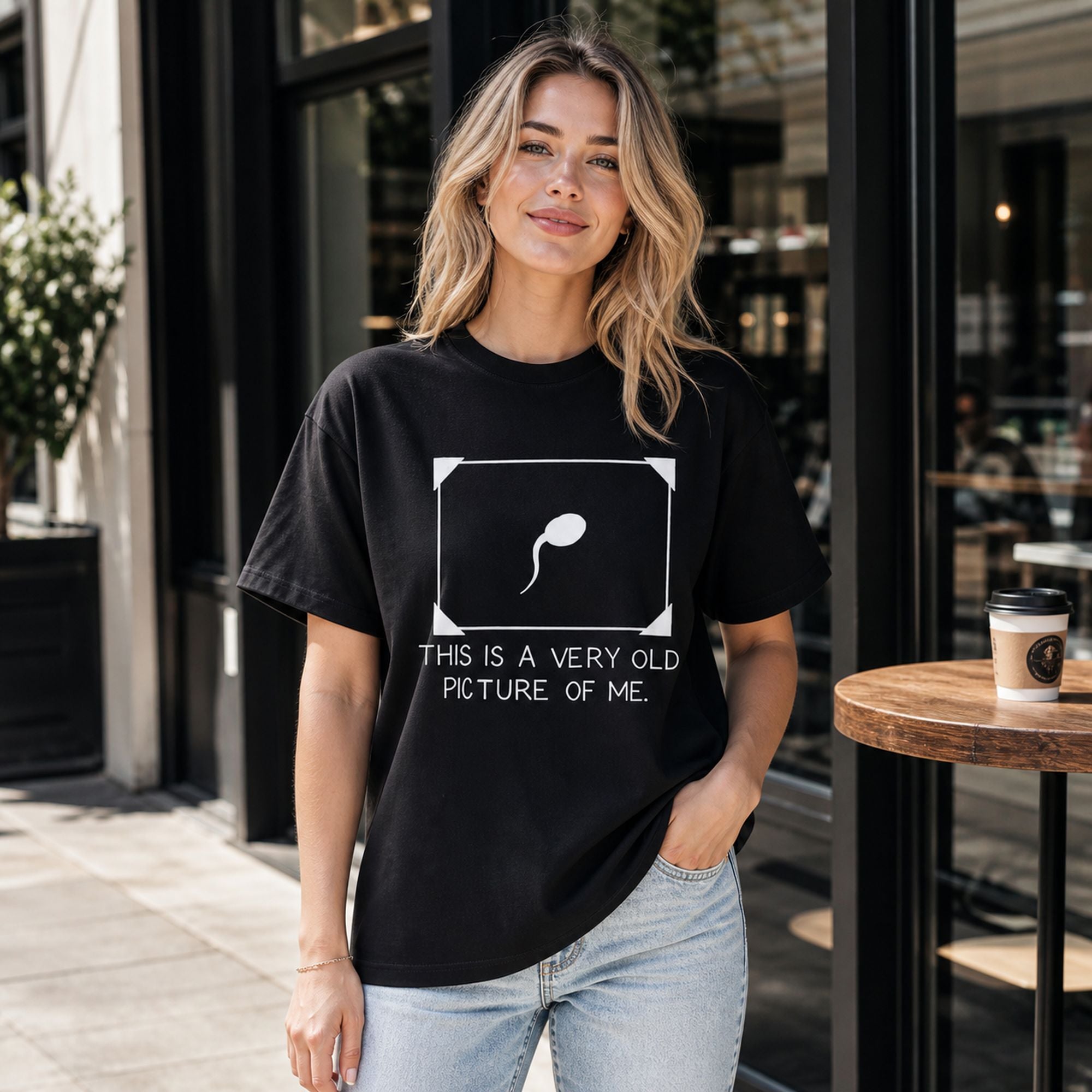 This Is a Very Old Picture of Me funny graphic tee black female model outside a modern cafe