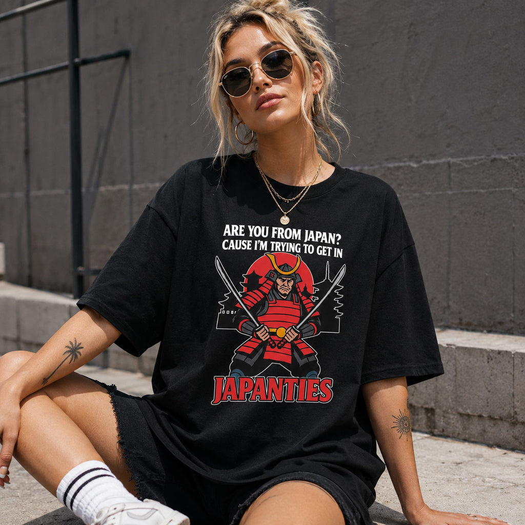 Are You From Japan Japanties funny samurai graphic tee black front female model