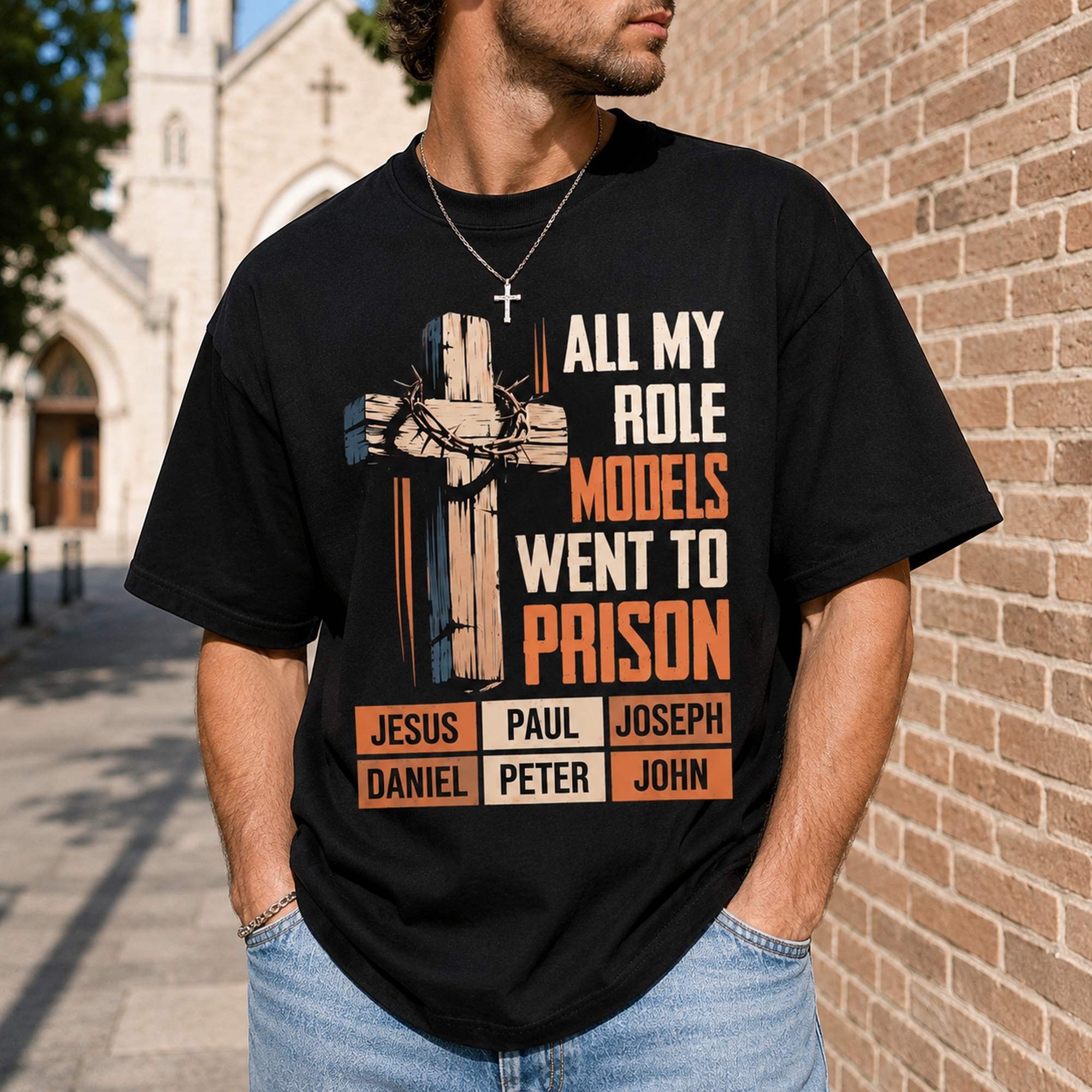 All My Role Models Went To Prison faith graphic tee black front church street model