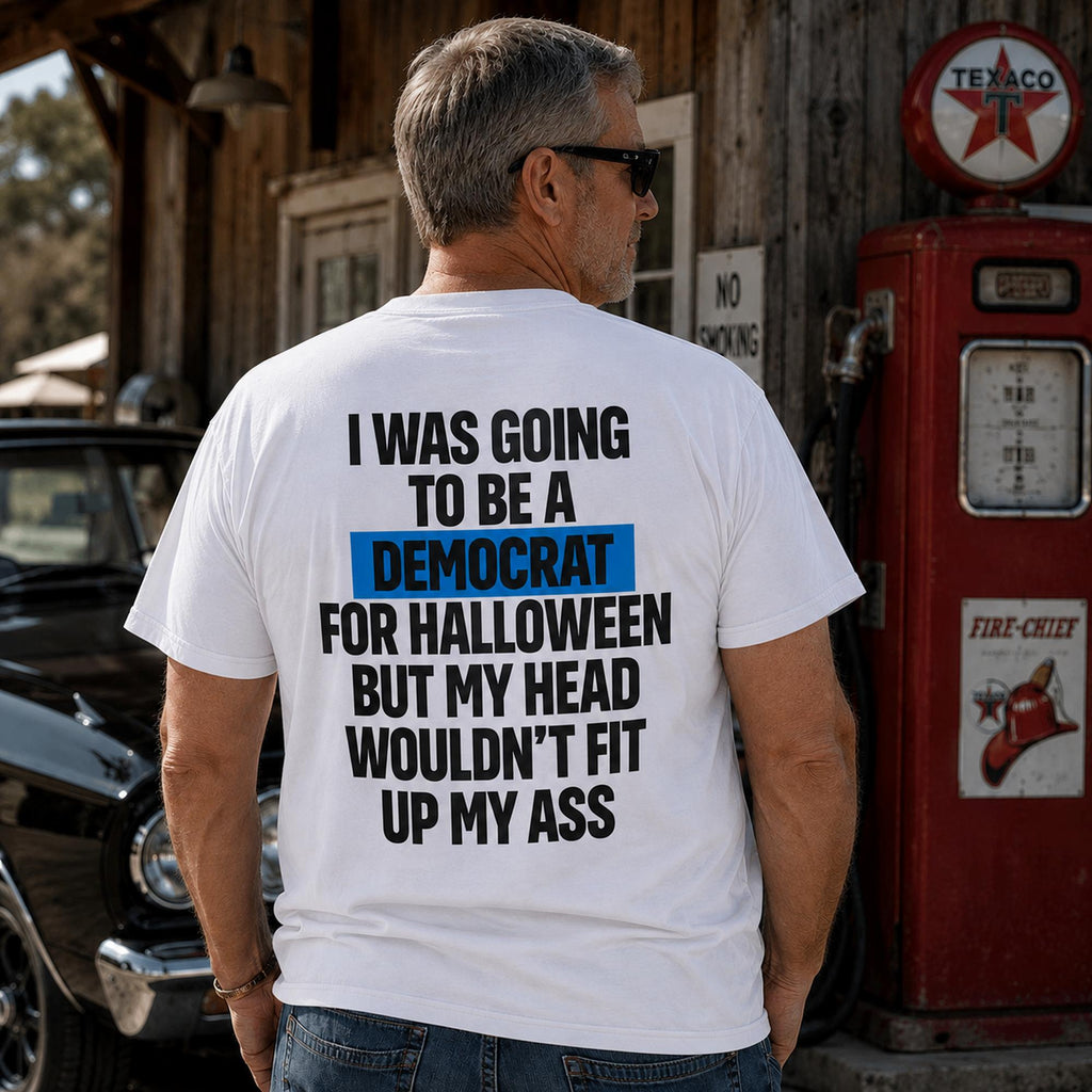 I Was Going to Be a Democrat Halloween white graphic tee back view on an older male model