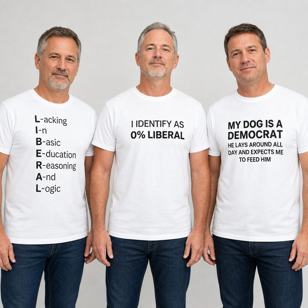 Liberal humor three-design graphic tee collection white three-model ecommerce image