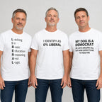 Liberal humor three-design graphic tee collection white three-model ecommerce image