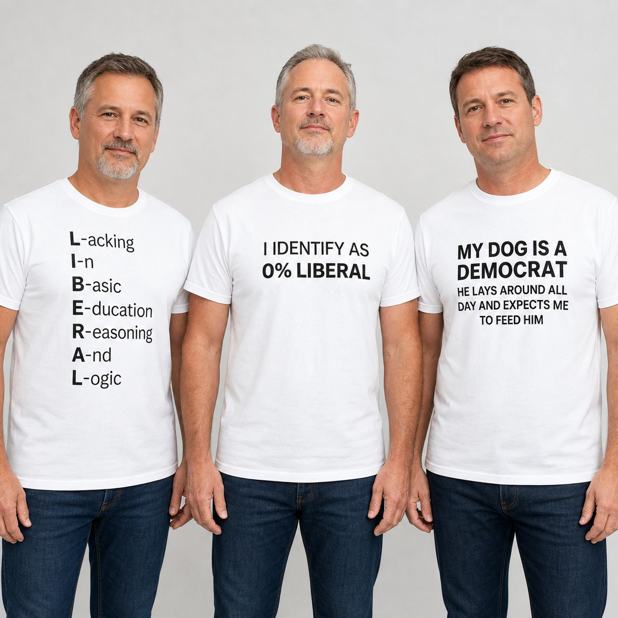 Liberal humor three-design graphic tee collection white three-model ecommerce image