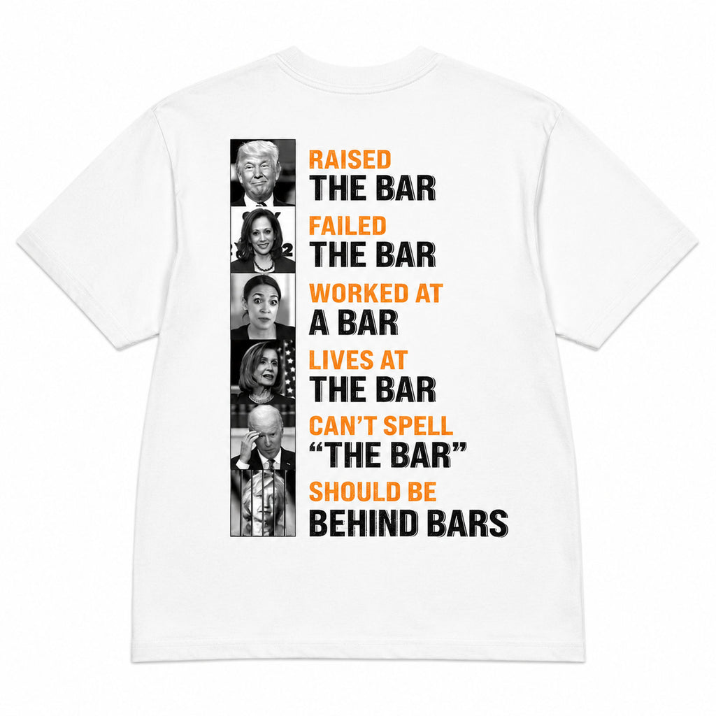 Raised The Bar political satire graphic tee white back print flat lay