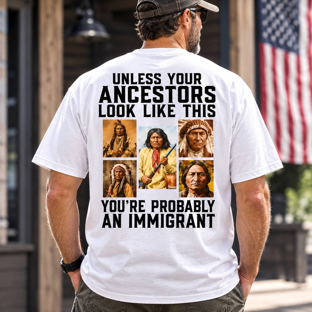 Unless Your Ancestors Indigenous heritage graphic tee white back print male lifestyle model