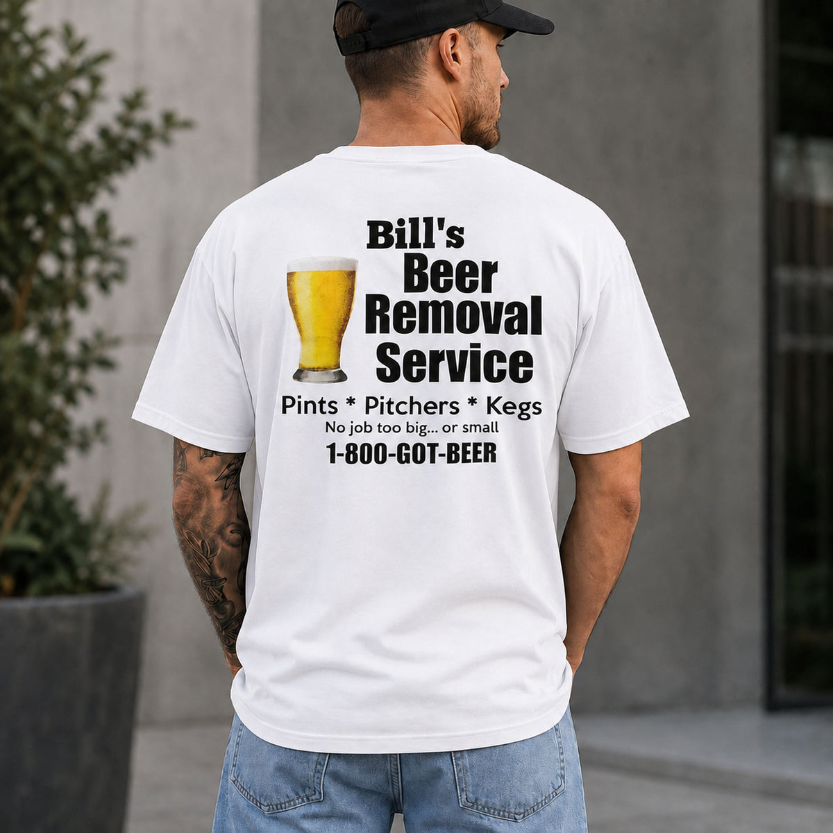 Bill's Beer Removal Service funny graphic tee white back print male model