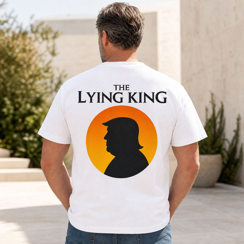 The Lying King political humor graphic tee white back print mature male lifestyle model