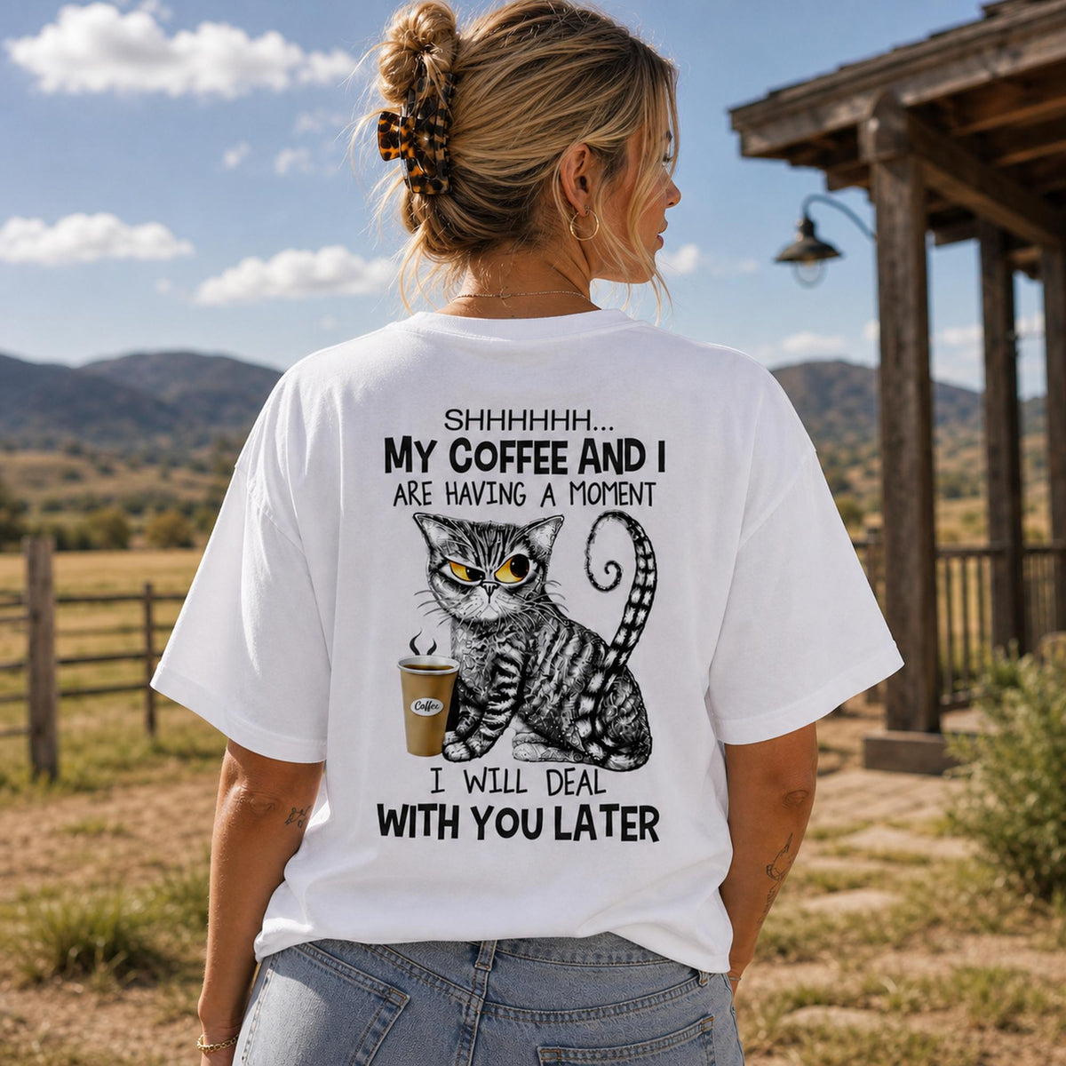 My Coffee and I Are Having a Moment white tee back print ranch female model