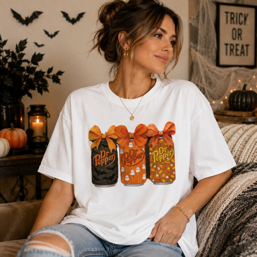 Female model wearing white Dr Pepper Halloween bow cans front-print graphic tee in a decorated fall living room