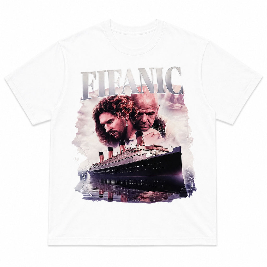 FIEANIC ocean liner white graphic tee front print flat lay