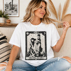 Girls Will Be Girls feminist witch tarot graphic tee white front indoor lifestyle female model
