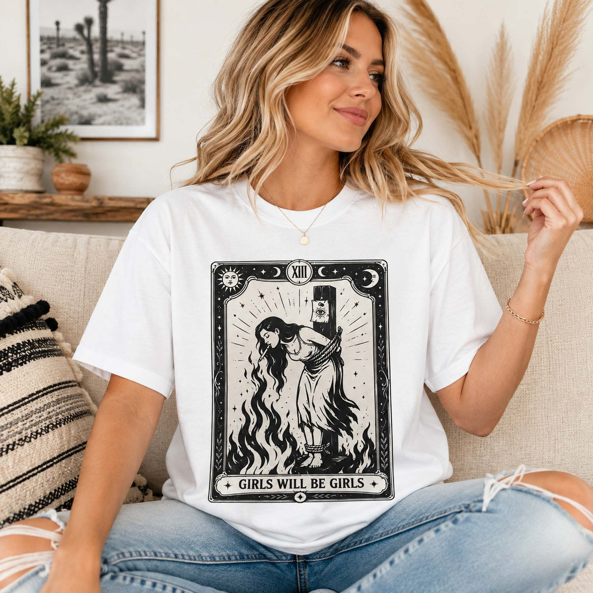 Girls Will Be Girls feminist witch tarot graphic tee white front indoor lifestyle female model