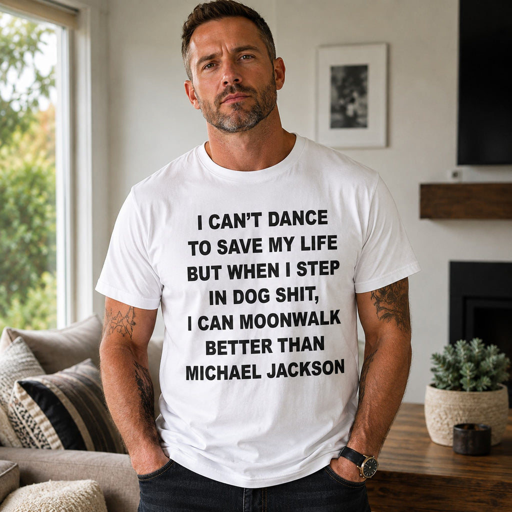 I Can't Dance Moonwalk funny graphic tee white front lifestyle male model