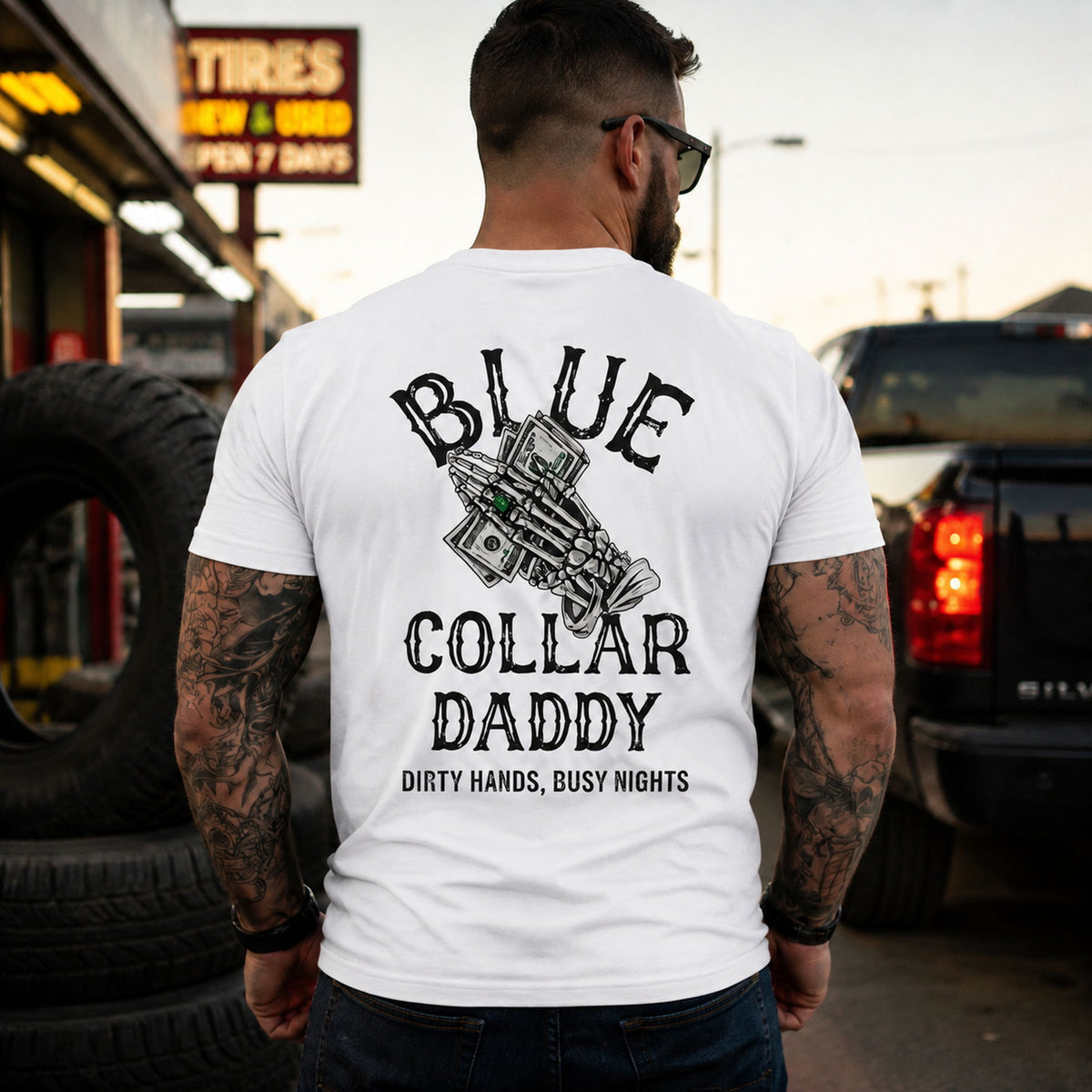 Blue Collar Daddy back print white tee tire shop male model