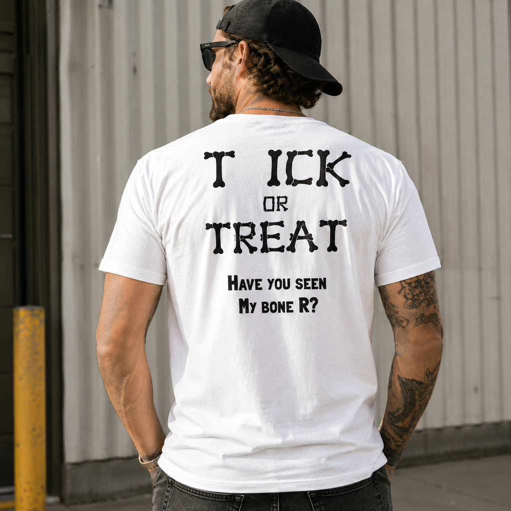 Have You Seen My Bone R funny Halloween white tee back print outdoor male model