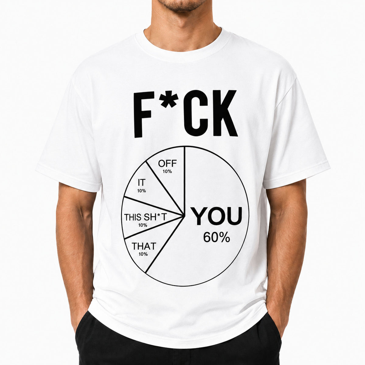 F*CK You pie chart funny graphic tee in white on male model, front view