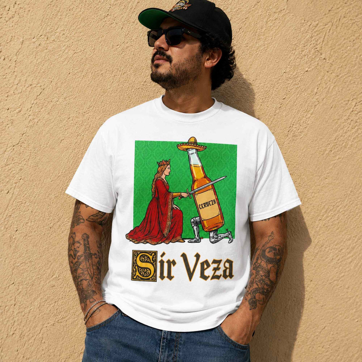 Sir Veza medieval beer knight graphic tee white front print outdoor male model