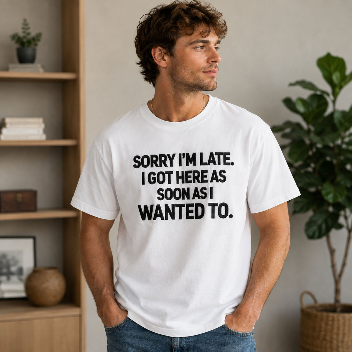 Sorry I'm Late sarcastic quote graphic tee white front lifestyle male model
