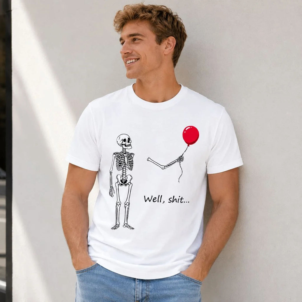 Well Shit red balloon skeleton graphic tee white front lifestyle male model