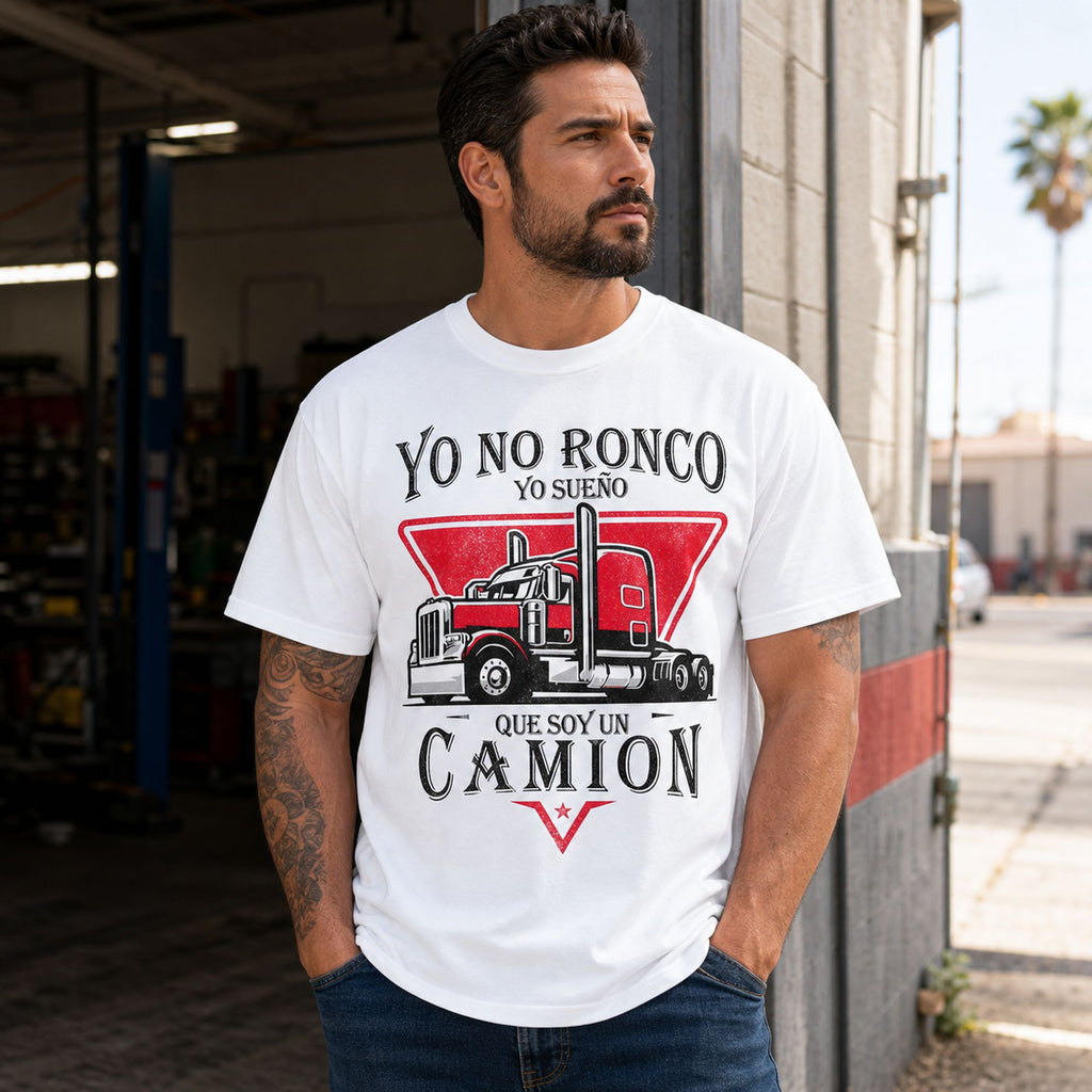 I Don't Snore I Dream I'm A Truck Spanish trucker graphic tee white front print male model